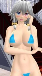 2025 3d big_breasts bikini blue_bikini blush breasts clavicle cleavage female female_only hati_yukkuri_mmd heterochromia hips indoors light-skinned_female looking_at_viewer mansion midriff mikumikudance mmd one_arm_up open_mouth sakuya_izayoi scarlet_devil_mansion short-haired_female swimsuit touhou waist white-haired_female yellow_bowtie