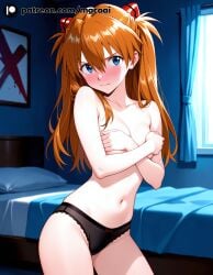 macoai ai_generated asuka_langley_sohryu neon_genesis_evangelion 1girls solo solo_female female_only orange_hair blue_eyes looking_at_viewer blush blushing_at_viewer indoors bed bedroom standing topless panties panties_only black_panties covering_breasts covered_nipples shy embarrassed embarrassed_nude_female petite_body bare_shoulders bare_legs bare_thighs bare_arms bare_breasts small_breasts tsundere belly belly_button pale_skin smooth_skin thighs cute teasing teasing_viewer
