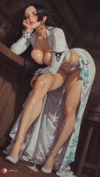 1girl after_sex ai_generated aisinful ass big_ass big_boobs big_butt black_hair blue_eyes blush boa_hancock breasts bukkake butt cum cum_in_mouth cum_on_body cum_on_breasts dark-skinned_female dark_skin earrings facial female female_only hi_res high_heels hoop_earrings jewelry large_breasts long_hair medium_breasts one_eye_closed one_piece solo thick_thighs white_footwear wide_hips