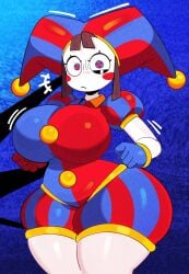 1girls ass big_ass big_breasts breasts curvaceous curvy curvy_female female female_only fortnite jester jester_hat jester_outfit looking_at_viewer majoralol2 pomni_(the_amazing_digital_circus) solo solo_female the_amazing_digital_circus