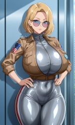 shao145 ai_generated light_skin light-skinned_female big_breasts large_breasts shiny_skin huge_breasts curvy curvy_female curvy_figure sunglasses blonde_hair blue_eyes jacket bodysuit solo solo_female bob_cut 1girls i_took_over_the_academy_with_a_single_sashimi_knife