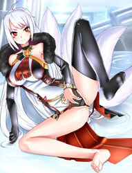 ara_haan barefoot elbow_gloves elsword feet fur_trim gloves multiple_tails single_thighhigh tagme thighhighs white_hair