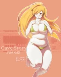 :p bbw bikini blush cave_story chubby curly_brace curvy fat green_bikini hands_on_breasts huge_breasts large_belly nipples thick_thighs tummy wide_hips