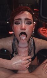 1boy 1girls 1girls1boy 3d 3d_(artwork) absurd_res ahegao alexandrkek aurore_cassel blender blender_cycles cum cum_in_mouth cyberpunk_2077 ginger_female ginger_hair looking_at_viewer