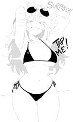 1girls armpits arms_behind_head arms_up breasts child_bearing_hips english_text eyewear_on_head female female_only greyscale half-closed_eyes highres holding holding_camera invisible large_breasts long_hair looking_at_viewer meme monochrome my_hero_academia navel open_mouth pose posing revision ryz_ryz ryzz_ryzz seductive seductive_gaze seductive_smile sensual sexy sexy_armpits sexy_pose smile solo_focus standing sunglasses tap_me_(meme) thong_bikini tooru_hagakure