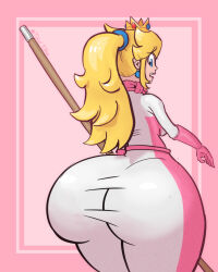1girls ass_expansion big_breasts blonde blonde-haired_female blonde_female blonde_hair chell_chan color colored dumptruck_ass fat_ass female female_focus female_only from_behind huge_ass human human_only light-skinned_female light_skin mammal mario_(series) mature mature_female nintendo pink_background princess princess_peach princess_peach_(aero) royalty textless thick_thighs thigh_expansion weapon