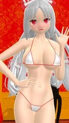 3d big_breasts bikini blush bow_tie breasts clavicle cleavage female female_only fujiwara_no_mokou hand_on_waist hati_yukkuri_mmd hips human indoors light-skinned_female long-haired_female looking_at_viewer midriff mikumikudance mmd navel one_arm_up open_mouth red-eyed_female swimsuit touhou waist waving_at_viewer white-haired_female white_bikini
