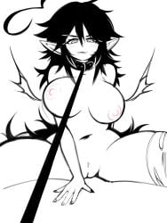 1boy 1girls ahoge areolae black_hair breasts collar completely_naked completely_nude cowgirl_position fangs girl_on_top large_breasts leash long_hair mistysnugglebug nipples pointy_ears pussy sketch sleepy_(mistysnugglebug) vampire vampire_girl