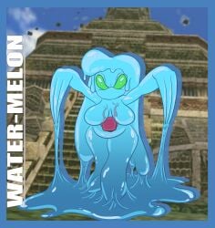 belly blue_body boobs chaos_(sonic) female_chaos goo_creature green_eyes hips liquid puddle rougethedaisy sonic_(series) sonic_the_hedgehog_(series) water water_creature water_hair wet wet_body wide_hips