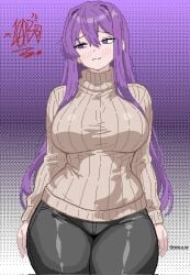 alternate_breast_size_(larger) artist_logo artist_name black_pants blush breasts brown_sweater doki_doki_literature_club drawlab33t female female_only hair_between_eyes hair_ornament hairclip highres large_breasts light_smile logo long_hair official_alternate_costume pants pixel_art purple_eyes purple_hair ribbed_sweater sweater thick_thighs thighs turtleneck turtleneck_sweater yuri_(doki_doki_literature_club)