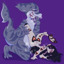 1:1 absurd_res anthro aquatic bite_mark blood blood_in_mouth blood_on_hand bodily_fluids claws duo female fish fluids_on_ground guppitastic hi_res lying male male/female on_side scales shark sharp_teeth size_difference teeth