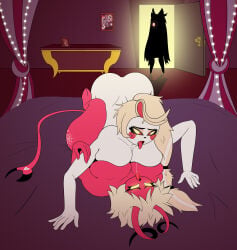 2girls after_kiss arm_support ass bed bedroom bedroom_sex big_ass big_butt blonde_female blonde_hair breast_press breast_to_breast breasts butt charlie_morningstar charlie_morningstar_(hazbin_hotel) cheating cheating_girlfriend demon demon_girl demon_horns female female/female female_only flat_colors furniture hazbin_hotel kissing lesbian lesbian_sex missionary_position missionary_tribadism multiple_girls naked naked_female nude nude_female oc on_bed original_character pink-skinned_female pink_skin royalty saliva saliva_trail sex silhouette succubus succubus_horns succubus_tail tongue tongue_out tribadism vaggie_(hazbin_hotel) viewed_from_behind white-skinned_female white_skin yellow_eyes yuri zancu