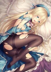 aqua_eyes atago_(kantai_collection) bed black_legwear blonde_hair blush cum cum_on_body cum_on_lower_body female hat kantai_collection long_hair looking_at_viewer lying on_side open_mouth panties panties_under_pantyhose pantyhose pillow solo tears thighband_pantyhose tidsean torn_clothes torn_pantyhose underwear uniform