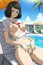 1girl ai_generated artist_name ass_visible_through_thighs beach_chair beach_umbrella bikini bikini_bottom_aside bikini_bottom_only black_eyes black_hair blue_sky blush breasts breasts_apart breasts_out brown_eyes censored chair clitoral_hood clitoris closed_mouth clothes_lift clothing_aside cloud collarbone cowboy_shot day digitalwaifugallery halterneck hi_res high_quality high_resolution looking_at_viewer lounge_chair medium_breasts mosaic_censoring navel nipples no_pants outdoors palm_tree patreon persona_5 pool poolside presenting pussy reclining sadayo_kawakami seductive sexy shirt shirt_lift short_hair short_sleeves sitting sky smile solo spread_pussy striped_bikini striped_clothes sunlight swimsuit t-shirt tied_shirt tree umbrella uncensored urethra water watermark whistle whistle_around_neck white_shirt
