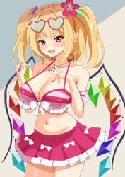 alternate_breast_size bikini blush cowboy_shot embarrassed fang flandre_scarlet heart-shaped_eyewear large_breasts looking_at_viewer nail_polish open_mouth pendant pink_bikini red_nails skirt smile standing striped_bikini sunglasses sunglasses_on_head touhou