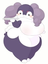 indeedee female_indeedee white_slime_(artist) e621_post_recursion generation_8_pokemon pokemon game_freak nintendo huge_breasts cleavage fat_thighs cute_feet pokemon_(species) holding_object plate paws solo anthrofied pokemorph dot_eyes eyelashes blush closed_mouth smile closed_smile featureless_crotch no_nipples featureless_breasts fat overweight_female naked_female looking_at_viewer voluptuous cute adorable