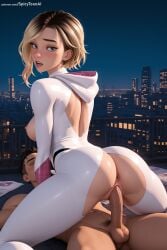 1boy 1girl ai_generated anus ass blonde_hair blue_eyes bodysuit breasts building city cityscape cowgirl_position girl_on_top hetero hi_res high_quality high_resolution hood hood_down hoodie looking_back medium_breasts night nipples open_mouth outdoors patreon patreon_username penis pussy reverse_cowgirl_position seductive sex sexy short_hair sky skyscraper solo_focus spicytoonai spider_web_print straddling superhero testicles torn_clothes uncensored vaginal watermark web_address