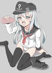 black_legwear black_skirt blue_eyes blush cum cum_in_mouth facial female grey_background hat hibiki_(kantai_collection) kantai_collection katoshigu long_hair open_mouth panties penis school_uniform serafuku simple_background skirt skirt_around_one_leg thighhighs underwear white_panties