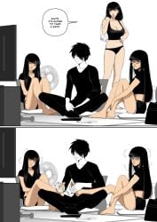1boy 3girls asian_female barefoot belly black_hair bra feet foot_fetish foot_massage foot_rub glasses kusujinn mother older_female painted_nails painted_toenails panties tagme tied_to_twins toes underwear_only white_skinned_female