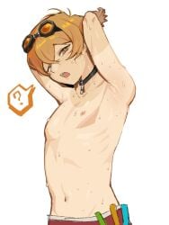 2026 areola areolae armpits arms_up blonde_hair gay koro_berry limbus_company male male_focus male_only mouth_open nipples nude partially_nude project_moon shirtless short_hair sinclair_(limbus_company) stomach tagme