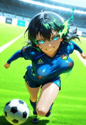 ai ai-created ai_art ai_generated big_breasts black_hair blue_eyes blue_lock curvy_body curvy_female curvy_figure cute_face cute_female cute_girl female female_focus female_only genderswap isagi_yoichi nipples nipples_visible_through_clothing pink_nipples rule_63 soccer_uniform unknown_artist wide_hips wide_thighs