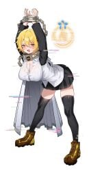 1girl arms bent black blonde blonde_hair blush boots bound breasts brown brown_shoes cape chained chained_wrists don_quixote_(limbus_company) female female_only full_body glitch hair index_(identity)_(project_moon) index_don_quixote large_breasts layer_(layer_illust) limbus_company long_sleeves over project_moon shirt shoes skirt stickers thighhighs up white_shirt wrists yellow_eyes