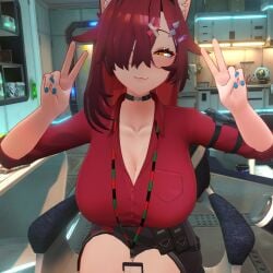 3d aurievermillionvt bangs bangs_over_eyes big_breasts cat_ears cat_girl choker female female_only glasses gock happy pov red_hair silly smile smug vrchat yellow_eyes