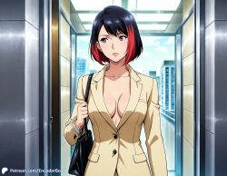 1girls ai_generated casual casual_nudity encoder female partially_clothed partially_nude public office office_lady office_clothing cleavage braless no_bra two-tone_hair standing hallway indoors business_suit bag handbag breasts window