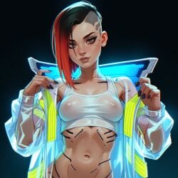 1girl ai_generated areola asymmetrical_hair black_hair black_nail_polish black_nails breasts breasts_visible_through_clothing brown_eyes cd_projekt_red clothed_female clothing collarbone cybernetics cyberpunk cyberpunk_2077 falewii female female_only implants medium_breasts multicolored_hair navel nipples nipples_visible_through_clothing red_hair see-through see-through_clothes see-through_clothing see-through_top self_upload short_hair sidecut stomach undressing v_(cyberpunk_2077) valerie_(cyberpunk_2077)
