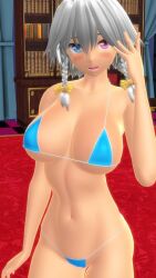 2025 3d big_breasts bikini blue_bikini blush books bookshelf breasts clavicle cleavage curtains earrings female female_only hati_yukkuri_mmd heterochromia hips human indoors mikumikudance mmd navel one_arm_up open_mouth sakuya_izayoi short-haired_female swimsuit touhou waist white-haired_female yellow_bowtie