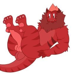 anthro ass balls claws drakobloxxer feet_up fur furry knot laying_down male_only mouth_open presenting red_body red_fur sharp_teeth striped_body striped_fur toe_beans