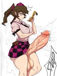 1futa 2d after_cumshot alternate_version_available balls big_balls big_breasts big_penis breasts brown_eyes brown_hair checkered_skirt clothed clothed_futa cum eddybird erect_nipples erection exposed_penis futa_only futanari hair_bow hand_under_breasts hatate_himekaidou himekaidou_hatate holding_phone huge_balls huge_penis hyper_penis leaking_cum light-skinned_futa looking_at_viewer motion_lines necktie open_mouth outdoors penis penis_bigger_than_arm penis_bigger_than_torso phone phone_charm pointy_ears puffy_short_sleeves purple_nail_polish purple_nails shirt side_view sideass simple_background skirt slave_handles small_pupils solo solo_focus source standing startled taking_picture teeth tengu thick_thighs tied_hair tokin_hat touhou twintails
