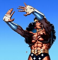 1girls 2026 abs amazon athletic athletic_female blue_background bracelets_of_submission breasts dc dc_comics diana_of_themyscira female female_only hands hands_casting_shadow mole muscular muscular_female oiled oiled_body oiled_skin po1ntbr3ak tan_body tan_skin tan_skinned_female topless topless_female wonder_woman wonder_woman_(series)