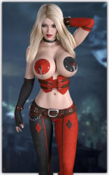 1girls 2016 3d batman_(series) big_breasts blonde_hair breasts darkhound1 dc dc_comics female female_only harley_quinn large_breasts pasties solo solo_female