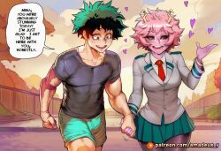 shirt female outdoors muscular colored_skin holding_hands 1girl shorts pink_hair my_hero_academia walking hand_holding male yellow_eyes short_hair u.a._school_uniform <3 pantyhose clothing skirt jacket colored_sclera breasts pleated_skirt smile open_mouth heart duo horns anthro black_sclera school_uniform 1boy english_text green_skirt text pink_skin red_necktie short_sleeves speech_bubble hetero green_hair mammal dialogue blush green_shorts green_eyes human necktie ai_generated amadeus_v comic boku_no_hero_academia izuku_midoriya midoriya_izuku ashido_mina mina_ashidomonster_girl tagme