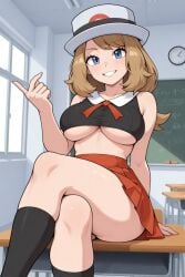 1female 1girls 1human ai ai_generated beckoning beckoning_viewer big_breasts black_legwear black_shirt blue_eyes breasts brown_hair clock crossed_legs day daytime desk desks female female_only frosting.ai game_freak hand_on_side hand_up hat human human_only inviting inviting_viewer legs_crossed legwear long_hair looking_at_viewer nintendo pokemon pokemon_trainer pokemon_xy red_skirt school school_background school_desk school_girl school_uniform schoolgirl schoolgirl_uniform seductive seductive_body seductive_pose seductive_smile serena_(pokemon) serena_(pokemon_games) shirt sitting sitting_on_desk skirt smiling smiling_at_viewer thick_thighs thighs tiny_shirt underboob white_hat window