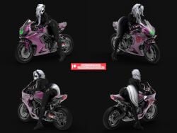 1girls 3d anthro bambookat black_background claws female female_only furry hair hellhound helluva_boss latex_bodysuit loona_(helluva_boss) motorbike paws white_fur