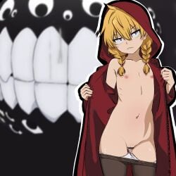 1girl absurdres black_pantyhose blonde_hair braid clothes_pull flat_chest gabu_(yomi_no_tsugai) highres hood hood_up jacket looking_at_viewer navel nipples panties panty_pull pantyhose pantyhose_pull petite pussy pussy_juice red_jacket smile solo stomach teeth twin_braids underwear undressing vleshdecay white_panties yomi_no_tsugai