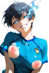 ai ai-created ai_art ai_generated big_breasts black_hair blue_eyes blue_lock curvy_body curvy_female curvy_figure cute_face cute_female cute_girl female female_focus female_only genderswap isagi_yoichi nipples nipples_visible_through_clothing pink_nipples rule_63 soccer_uniform unknown_artist wide_hips wide_thighs