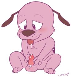 balls canine courage courage_the_cowardly_dog fur lunicent male male_only mammal masturbation penis pink_fur plain_background solo