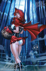 1girls ass big_bad_wolf bimbo bubble_butt cape corset dat_ass eyeshadow fairy_tale_fantasies fairy_tales female_on_anthro forest green_eyes grimms'_fairy_tales human human_on_anthro j_scott_campbell lipstick little_red_riding_hood makeup nei_ruffino panties picnic_basket red_hair skirt underwear werewolf wolf