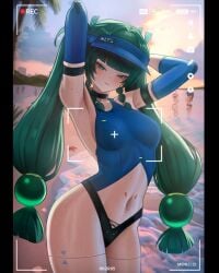 3girls aged_up android armband armpits arms_behind_head arms_up ass battery_indicator beach blue_sleeves blush braid braided_sidelocks breasts closed_mouth clothing_cutout collar commentary detached_sleeves english_commentary female green_eyes green_hair hair_ornament hat highres jane_doe_(zenless_zone_zero) long_hair looking_at_viewer mouse_girl mouse_tail multiple_females multiple_girls navel ocean one-piece_swimsuit palm_tree puppnett qingyi_(zenless_zone_zero) recording sand side_braids sideboob sphere_hair_ornament standing starfish stomach stomach_cutout swimsuit tail thigh_strap tree twintails two-tone_swimsuit viewfinder water zenless_zone_zero zhu_yuan