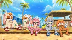 5girls amy_rose anthro anthropomorphic beach beverage big_breasts bikini blue_eyes bluebreed blush bodily_fluids breasts brown_eyes clothing cream_the_rabbit echidna eulipotyphlan fan_character feet female female_only footwear genitals gloves green_eyes group handwear hedgehog hi_res human_feet humanoid_feet lagomorph leporid mammal mature_female mobian mobian_(species) mobian_echidna mobian_hedgehog mobian_rabbit monotreme nipples nonsexual nonsexual_nudity project_x_love_potion_disaster pubes pussy rabbit sand sandals sega shoes slightly_chubby soda sonic_(series) sonic_advance_2 sonic_adventure sonic_the_hedgehog_(series) sweat swimwear tikal_the_echidna toes two-piece_swimsuit vanilla_the_rabbit vulva zeta_r-02 zeta_the_echidna