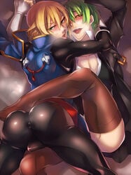 2boys anal_lips arched_back ass big_ass blazblue blonde_hair blush boy_on_top bulge cleavage dat_ass gay gloves green_eyes green_hair hair half-closed_eyes hazama kaneaki_mukku kisaragi_jin large_testicles leg_lock looking_at_viewer looking_back male multiple_boys muscular no_pants open_mouth pale_skin pantyhose petite presenting presenting_hindquarters red_eyes short_hair skin_tight smile steam swollen_anus testicles thighhighs thighs uniform white_gloves yaoi