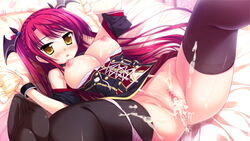 bed black_legwear blush breasts breasts_out censored cum cum_in_pussy dress female game_cg long_hair looking_at_viewer luce_yami_asutarite lying magical_marriage_lunatics!! nipples on_back open_mouth panties panties_around_leg pillow pink_panties pussy red_hair solo spread_legs thighhighs underwear yamakaze_ran yellow_eyes