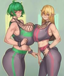 2girls ahoge annabel_(eigaka) blonde_hair boobs bracelet bracelets breasts clothing earrings eyelashes fat_ass female fishnets green_hair kelvin_hiu long_hair neckline orange_eyes pointed_ears pointy_ears rebby_(kelvin_hiu) rebby_(mr_december20) red_eyes sharp_teeth short_hair simple_background spiked_bracelet spikes white_skin
