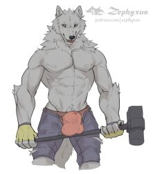 2025 anthro athletic athletic_anthro athletic_male biped blep bodily_fluids bulge canid canine canis clothing detailed_bulge digital_media_(artwork) fingerless_gloves fur genital_fluids gloves grey_body grey_fur hammer handwear holding_hammer holding_object holding_sledgehammer holding_tool male mammal portrait precum precum_through_clothing simple_background sledgehammer solo three-quarter_portrait tongue tongue_out tools wet wet_clothing white_background wolf yellow_eyes zephyxus