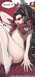 barefoot black_hair bottomless bow_(weapon) braid cape convenient_censoring convenient_leg english feet female heart high_collar highres league_of_legends long_hair nail_polish parted_lips raised_arm red-tinted_eyewear solo sunglasses tinted_eyewear toenail_polish uger vayne weapon