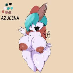 absurd_res anthro ass big_breasts big_butt breasts eddiebrije female generation_3_pokemon genitals green_hair hair hi_res looking_at_viewer nintendo not_furry nude pokemon pokemon_(species) pussy ralts short_stack simple_background solo vulva wide_hips