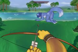 all_fours anthro arrow_(weapon) ass blue_body blue_fur blue_hair bow_(weapon) breasts canid canine closed_eyes digital_media_(artwork) drinking drinking_water duo feet female fingers first_person_view forest fox fur gameplay_mechanics genitals gui hair health_bar holding_bow_(weapon) holding_object holding_ranged_weapon holding_weapon imminent_death krystal krystal_(star_fox) mammal mrs._stein nintendo nipples nude outdoor_nudity outside plant pokemon pussy ranged_weapon smile star_fox tail text toes tree vulva water weapon